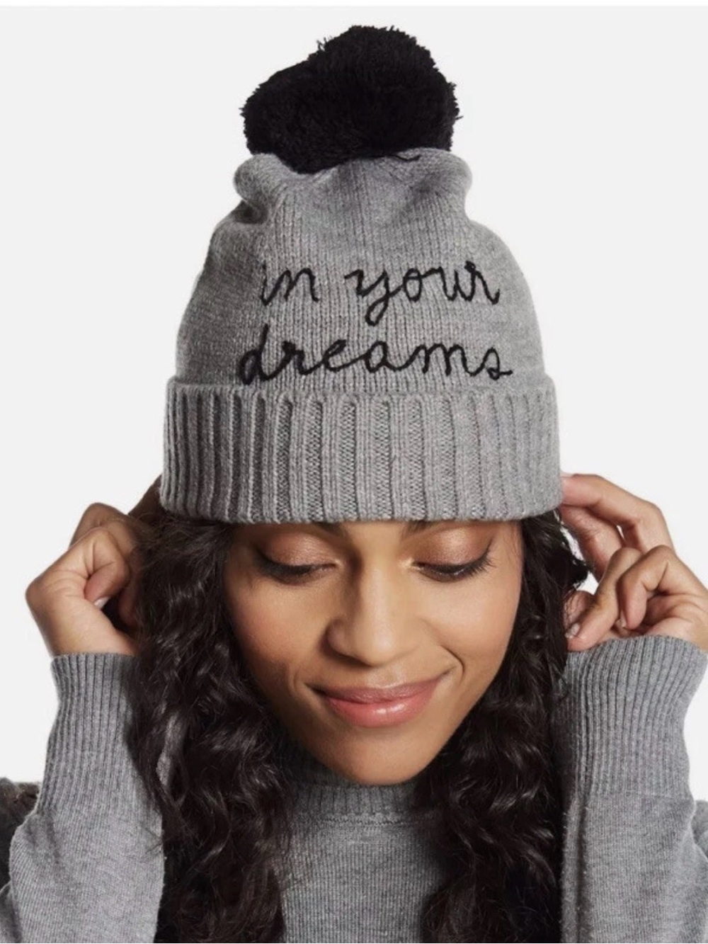 Kate Spade New York "In Your Dreams" Knit Pom Beanie Hat – Gray & Black NWOT
